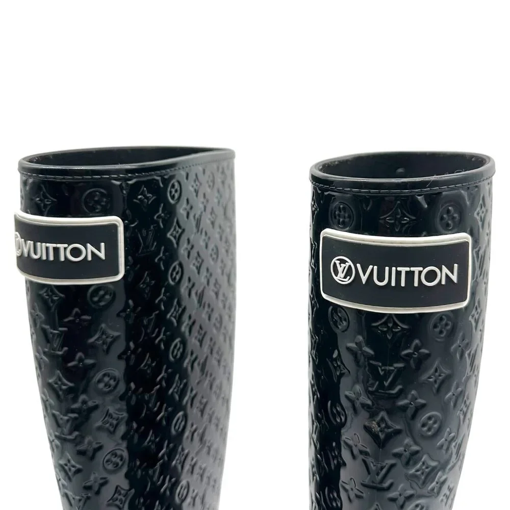 Louis Vuitton Black Shiny Rubber Embossed Monogram Rain Boots